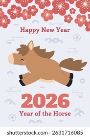 2026 Chinese Lunar New Year cute cartoon horse running, plum blossoms, abstract elements, typography. Flat vector illustration. Zodiac sign, animal character. CNY, Seollal, Tet holiday elements