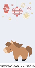 2026 Chinese Lunar New Year cute horse social media story template, lanterns, fireworks. Flat vector illustration. Zodiac sign, animal character. CNY, Seollal, Tet holiday elements, post layout