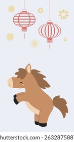 2026 Chinese Lunar New Year cute horse social media story template, lanterns, fireworks. Flat vector illustration. Zodiac sign, animal character. CNY, Seollal, Tet holiday elements, post layout