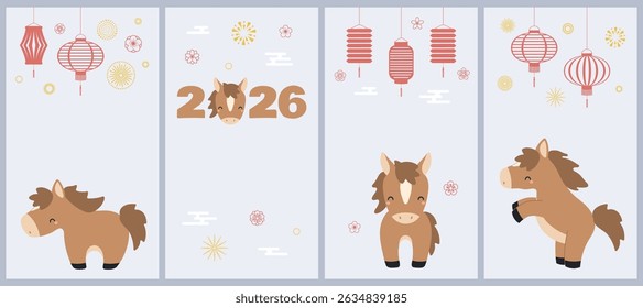 2026 Chinese Lunar New Year cute horse social media stories set. Flat vector illustration. Zodiac sign, kawaii animal character. CNY, Seollal, Tet traditional holiday design elements