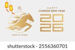 2026. Chinese New Year 2026 celebration template, year of the horse with a burning fire concept on a white background accompanied by hanging lantern ornaments. New year 2026.
(Translated: horse)