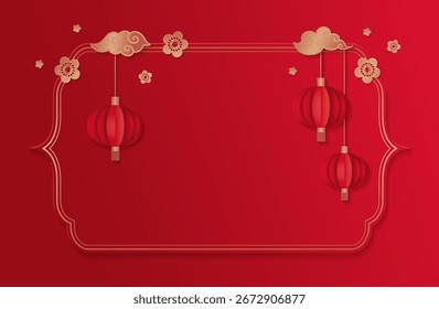 2026 Año Nuevo chino marco vacío Plantilla con nubes, linternas y flores sobre fondo rojo. Ilustración mínima de Vector en estilo de corte de papel.