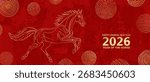 2026 Chinese New Year of the Fire Horse Banner Template with Modern Line Art Golden Horse with Doodle Circle on Red Background. Design Happy Holidays Greeting Card, Invitation of Chines Happy New Year