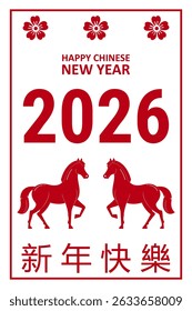 2026 Chinese New Year Greeting Card with Red Horses and Plum Blossoms , Year of the Horse Celebration Poster in Traditional Style