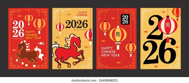 2026 Chinese new year greeting clipart poster set. Happy Chinese new year greeting in red and gold background with horse zodiac sign for traditional prosperity invitation card clip art collection 