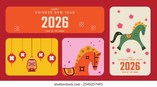 2026 Chinese new year, Happy Chinese new year 2026 horse Zodiac sign, Year of the horse 2026, symbol of a horse New Year, colorful illustration, banner