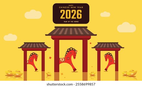 2026 Chinese New Year 2026, year of the horse. Lunar horse calendar artwork, traditional asian festival design. greeting card, asian festival oriental background, card, wallpaper.