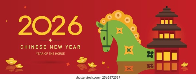 2026 Chinese new year, 2026 year of the horse. Chinese new year poster, greeting cards design with Chinese zodiac horse. Chinese zodiac horse in geometric flat modern style.