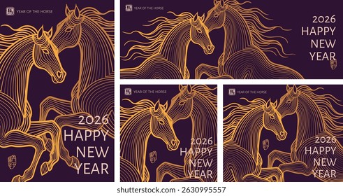 2026 Chinese New Year ,Year of the Horse Greeting Designs. Line Art Horse Illustrations for Cover, Card, Poster, Banner and Flyer Templates
