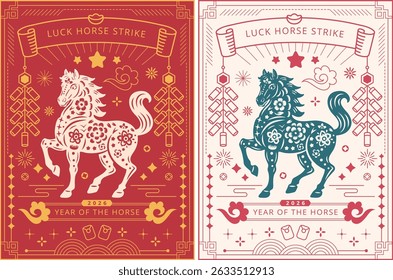 2026 Chinese New Year poster, Year of the Horse with Floral Paper Cut Horses and Festive Symbols, card or banner Template ,3:4 Format