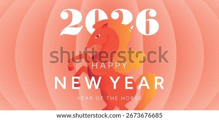 2026 Chinese New Year. Year of the Red Horse. Poster with zodiac horse, golden typography and abstract festive background. Vector illustration for greeting card, banner, flyer, holiday design