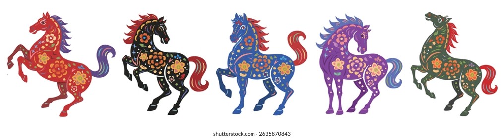 2026 Chinês Ano Novo Zodíaco conjunto, papel colorido tradicional corte estilo cavalo com padrões florais no branco
