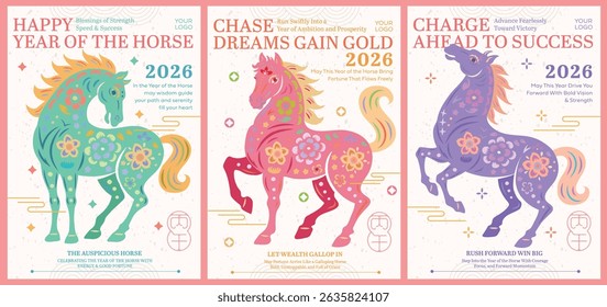 2026 Chinese Papercut Style Floral Horses for Year of the Horse Celebration Posters. for Cover,Card, Poster, Banner, Flyer Templates
