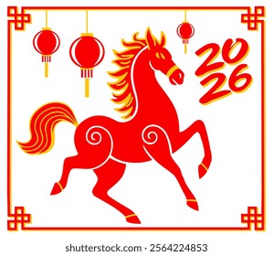 2026. Chinese Year of the Horse. Red fiery horse and chinese lantern in frame.