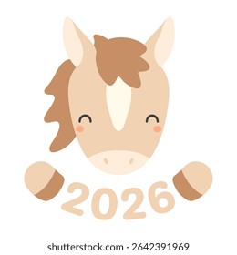 2026 Chinese zodiac sign, cute cartoon horse face isolated. Flat style vector illustration. Kawaii animal character. Lunar New Year, Seollal, Tet holiday card, banner, poster, decor, design element