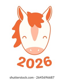 2026 Chinese zodiac sign, cute cartoon horse face isolated. Flat vector illustration. Kawaii animal character. Lunar New Year, Seollal, Tet holiday card, banner, poster, decor, design element