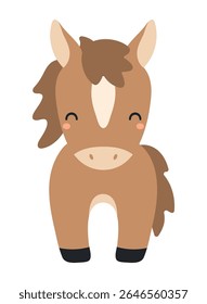 2026 Chinese zodiac sign, cute cartoon horse standing isolated. Flat vector illustration. Kawaii animal character. Lunar New Year, Seollal, Tet holiday card, banner, poster, design element
