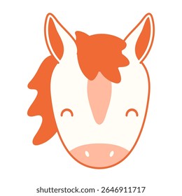 2026 Chinese zodiac sign, cute cartoon horse face isolated. Flat vector illustration. Kawaii animal character. Lunar New Year, Seollal, Tet holiday card, banner, poster, decor, design element