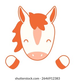 2026 Chinese zodiac sign, cute cartoon horse face isolated. Flat vector illustration. Kawaii animal character. Lunar New Year, Seollal, Tet holiday card, banner, poster, decor, design element