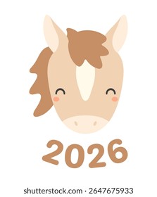 2026 Chinese zodiac sign, cute cartoon horse face isolated. Flat vector illustration. Kawaii animal character. Lunar New Year, Seollal, Tet holiday card, banner, poster, decor, design element