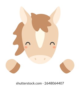 2026 Chinese zodiac sign, cute cartoon horse face isolated. Flat vector illustration. Kawaii animal character. Lunar New Year, Seollal, Tet holiday card, banner, poster, decor, design element
