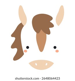 2026 Chinese zodiac sign, cute cartoon horse face isolated. Flat vector illustration. Kawaii animal character. Lunar New Year, Seollal, Tet holiday card, banner, poster, decor design element