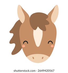 2026 Chinese zodiac sign, cute cartoon horse face isolated. Flat vector illustration. Kawaii animal character. Lunar New Year, Seollal, Tet holiday card, banner, poster, decor, design element