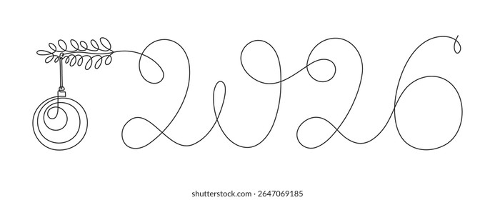 2026 e Natal brinquedo uma arte de linha, desenho à mão contorno contínuo. Conceito de férias, bola de árvore festiva.Texto de caligrafia de ano novo, estilo linear, design minimalista. Traçado editável. Isolado.
