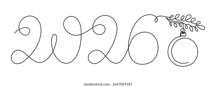 2026 e Natal brinquedo uma arte de linha, desenho à mão contorno contínuo. Conceito de férias, bola de árvore festiva.Texto de caligrafia de ano novo, estilo linear, design minimalista. Traçado editável. Isolado.

