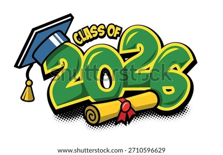 2026 class graduate header. Decorate congratulation for school graduates in comic style. Vector on transparent background