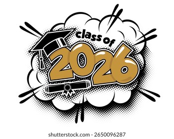 Cabeçalho de graduação da classe 2026. Decore congratulação para graduados da escola em estilo de quadrinhos de desenhos animados. Vetor no plano de fundo transparente