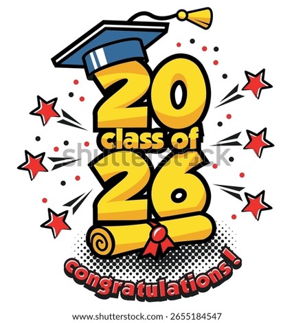2026 class graduation header. Decorate congratulation for school graduates in comic cartoon style. Vector on transparent background