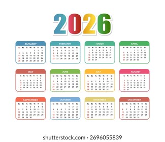 2026 colorido modelo de calendário anual um design imprimível