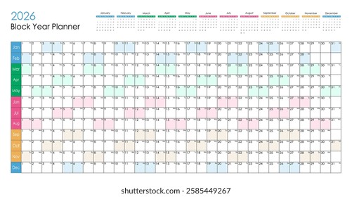 2026 colorful block year planner. Vector design.