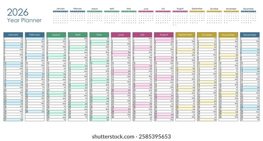 2026 colorful year planner. Vector design.