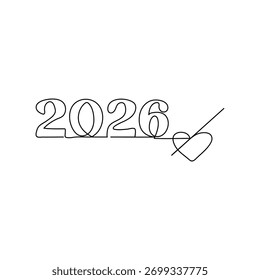 2026 continuous line art banner new year border 2026 with heart one line art hand drawn Illustration