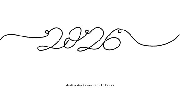 2026 continuous one line drawing text. Typography vector design for Happy New Year greeting cards and poster. Handwritten modern black ink lettering