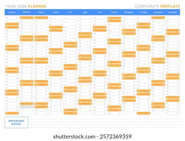 2026 Corporate Planner Template, Horizontal One-Page Calendar with Weekends Highlighted, Annual Organizer for Business and Office Use