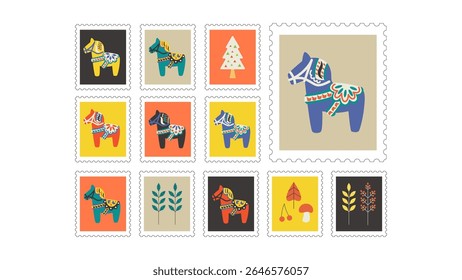 2026 Dalarna Horse stamp frame vector illustration set