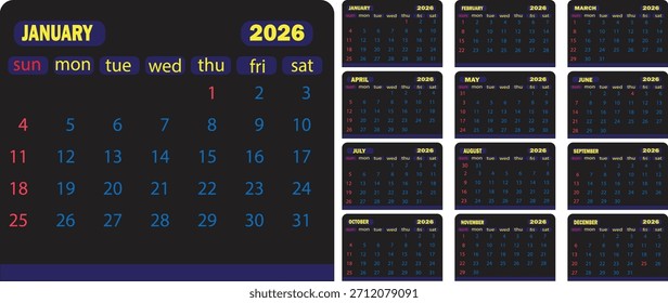 Plantilla de calendario de temas oscuros 2026: planificador anual colorido moderno con diseño mensual audaz, diseño de horario de año completo imprimible para planificación y Organización