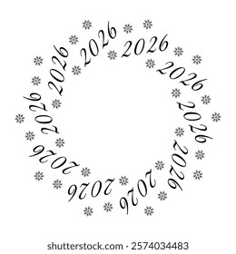 2026 date and snowflakes Circular frame in trendy minimalism. New Year greeting Copy space template