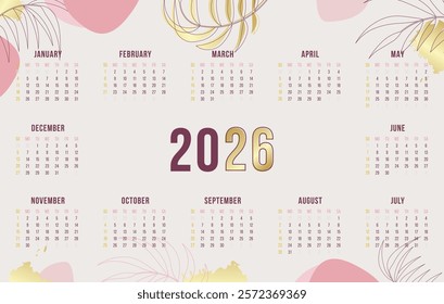 2026 Decorative Calendar with Abstract Floral Leaves and Golden Elements, Elegant One Page Annual Design, Aesthetic and Modern Wall Planner, Printable and Editable