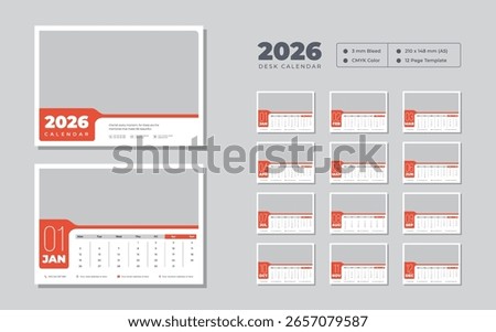 2026 desk calendar design template | Week starts on Monday | 12-month planner for work or study | Printable, editable vector layout for office use