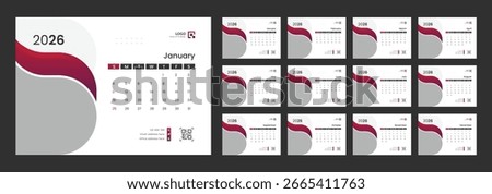 2026 desk calendar design template, 12 month corporate table calendar design, 2026 Calendar Planner Set of new Template 12 Monthly Page for Corporate or Personal use.