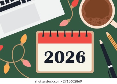2026 Mesa Calendário Flat Lay com Laptop, Café e luzes de Natal, cena do espaço de trabalho simbolizando o planejamento do Ano Novo, orçamento, produtividade e começos frescos - ilustração vetorial