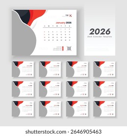2026 desk calendar on English language. Calendar planner design template. Desk calendar with week start Sunday. Vector layout of a desk calendar 2026.