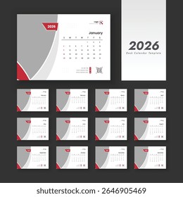 2026 desk calendar on English language. Desk calendar with week start Sunday. Vector layout of a desk calendar 2026.