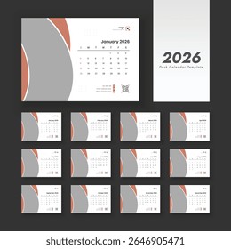 2026 desk calendar on English language. Calendar planner design template. Desk calendar with week start Sunday.