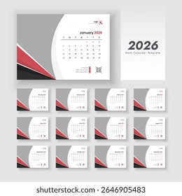 2026 desk calendar on English language. Desk calendar with week start Sunday.