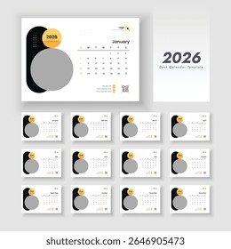 2026 desk calendar. Calendar planner design template. Desk calendar with week start Sunday. Vector layout of a desk calendar 2026.